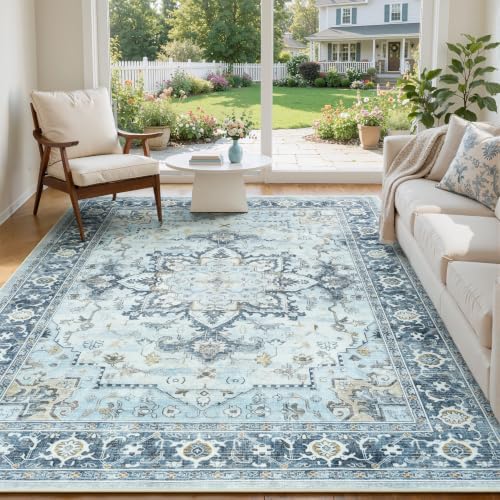 5x7 Light Blue Area Rugs for Living Room, Vintage Washable Rug by Vibrug