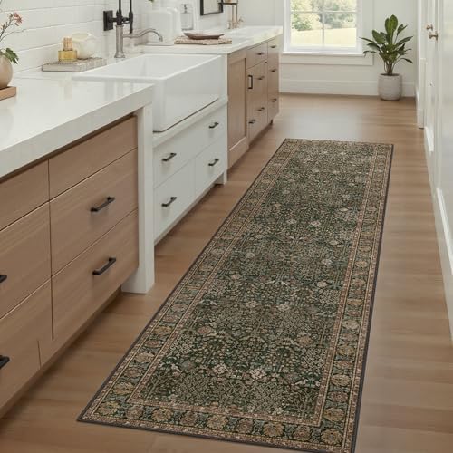 Bavni 2x8 Kitchen Runner Rug, Washable Non Slip, Dark Green Brown - Image 3