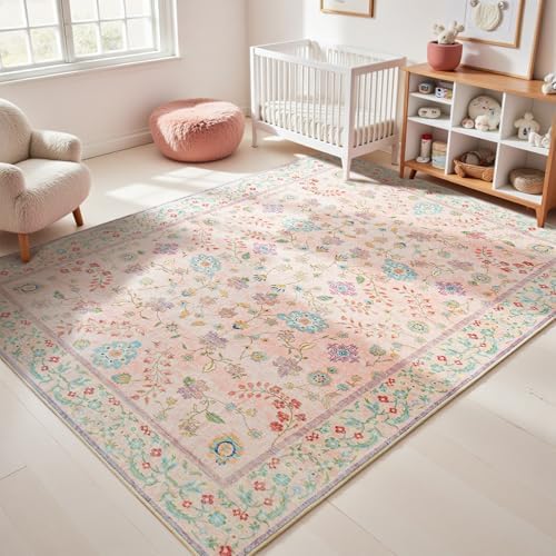 Goideal Pale Pink Rug for Girls Room, 5x7 Floral Washable Area Rug Non Slip, Boho Low Pile Carpet with Rubber Backing for Bedroom Living Room Bathroom Playroom Nursery Office by Goideal