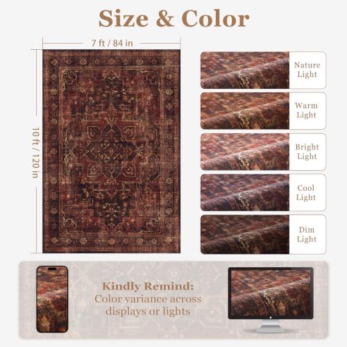 Washable Area Rug 7'x10' Living Room, Vintage Medallion, Dark Red - Image 2