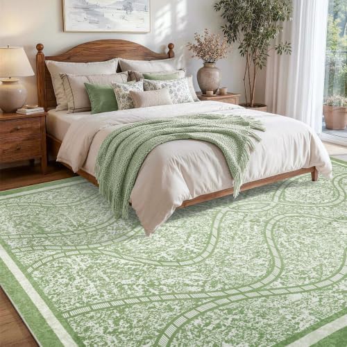 6x9 Ft Abstract Area Rugs for Living Room, Thin Soft Washable Carpet Green - Image 3