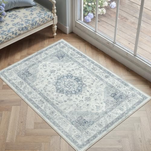 PureCozy Blue 2x3 Washable Area Rug Entryway Vintage Oriental Doormat by PureCozy