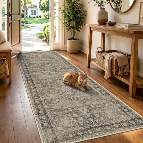 Brown Washable Runner Rug 2.6x8, Vintage Rug Runners for Hallway by TTelephant