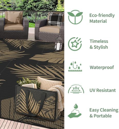 GENIMO Outdoor Rug 6' x 9' Waterproof for Patios Clearance, Reversible Plastic Straw Camping Carpet with Rectangle Storage Bag, Large Area Rugs and Mats for RVs,Garden, Beach, Black&Brown - Image 6