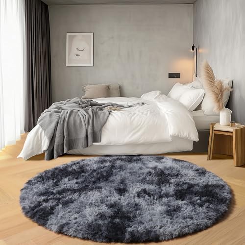 ONASAR Tie-Dyed Dark Grey Round Area Rugs 5ft, Ultra Soft Bedroom Circle Rug for Kids Girls Teen Room, Fluffy Plush Shaggy Carpet Floor Mats for Baby Nursery Living Room Playroom Home Decor - Image 3