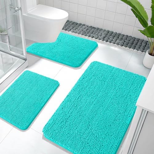 OLANLY Chenille Bathroom Rugs Sets 3 Piece, 36"x24"+24"x16"+24"x20", Teal by OLANLY