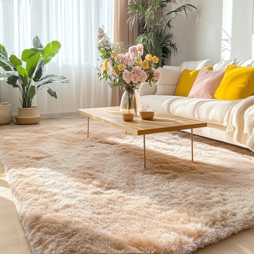 OLANLY Area Rugs for Living Room Bedroom, Machine Washable 4x5.9 ft Soft Fluffy Shaggy Bedside Rug, Indoor Floor Carpet for Kids Girls and Boys, Dorms, Nursery Rooms, Home Decor Aesthetic, Beige by OLANLY