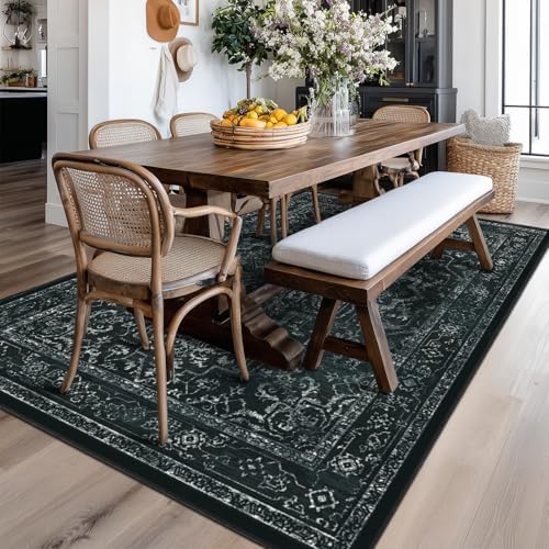 Vintage Dark Area Rugs 5x8, Non Slip Washable Rug for Living Room Bedroom, Medallion Distressed Printed Low Pile Thin Carpet Rugs for Dining Room/Kitchen/Home Office, Black and White - Image 3