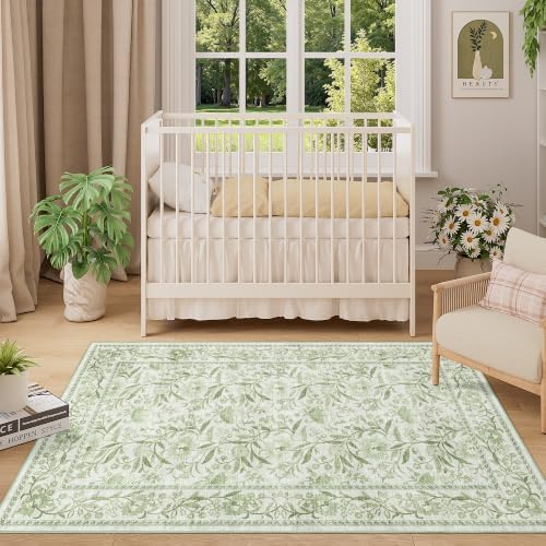 DUKINO 3x5 Rug Washable Vintage Floral Bedroom Area Rug Non Slip Sage Green - Image 3