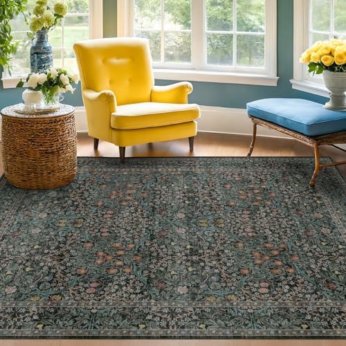 Dark Green 4x6 Entryway Rug, Washable Area Rug 4x6 for Living Room, Bedroom, Large Kitchen, Ultra Soft Non Slip Stain Resistance, Floral Distressed Aethestic Design - Image 3