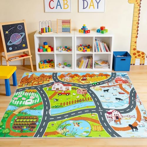 Car Rug Play Mat for Kids Toy Cars, 4x5 Town Country Barn Track Road Rug - Image 2