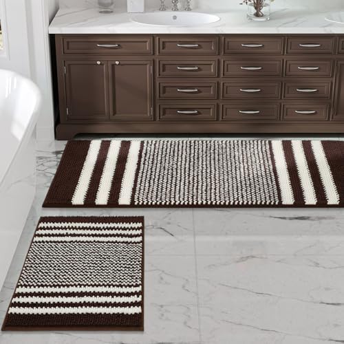 BSICPRO Bathroom Rugs Sets 2 Piece, Non Slip Striped Bath Mats, Coffee by BSICPRO
