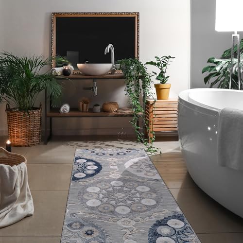 CAMILSON Runner Outdoor Rugs Oriental Retro Traditional Floral Medallion Area Rug 2x10 Non-Shedding Stain Resistant Indoor Carpet for Bathroom Hallway Kitchen Office (2 x 10 / Blue) - Image 6