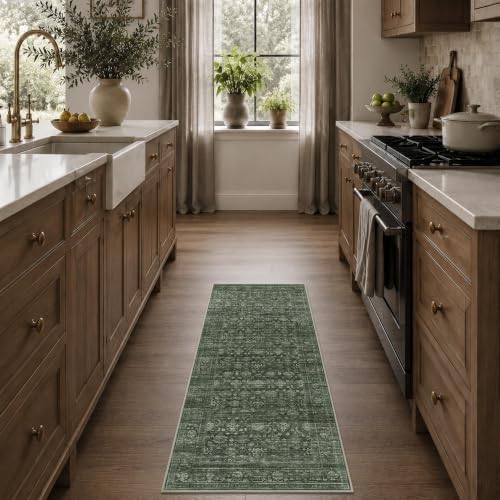 JOOJA 2x5 Dark Olive Green Vintage Soft Low Pile Moody Washable Runner Rug - Image 2