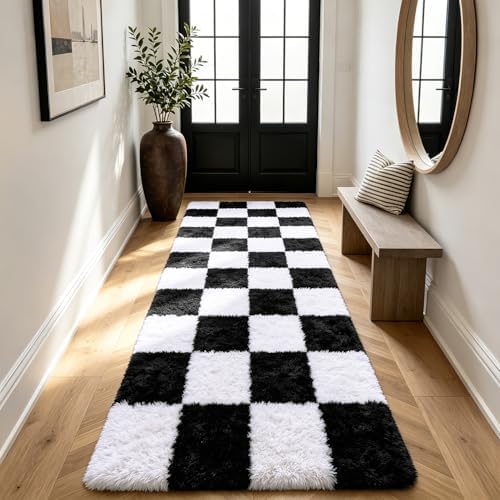 Shag Runner Rug for Bedroom Living Room 3x7 Upgrade Non-Slip Fluffy Soft Bedside Rugs,Black and White Shaggy Carpet for Livingroom Dorm Home Decor Aesthetic - Image 4