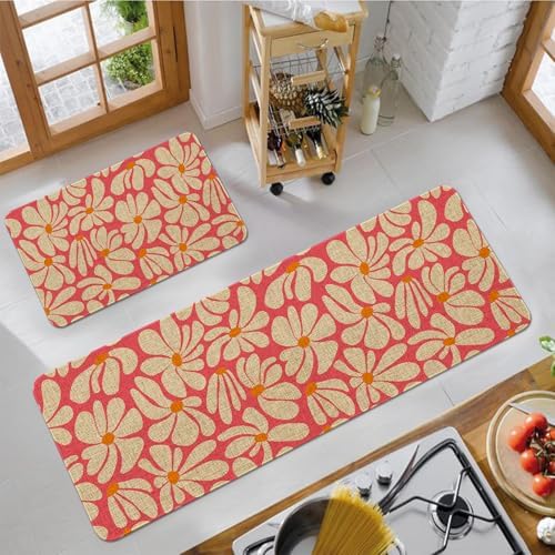Spring Daisy Floral Kitchen Mats Decor, Pink Retro Groovy Flower Power Kitchen Rugs Sets of 2, Vintage 1970s Floral Rug Home Decorations Indoor, 17" x 30" and 17" x 47" - Image 6