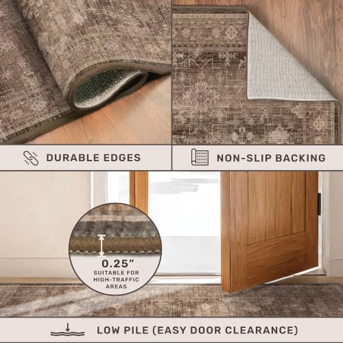 Hazo Haus Gold Brown 8x12 Big Rugs for Living Room - Non Slip Washable Vintage Area Rug for Dining Room Under Table, Geometric Floral & Low Pile Boho Bedroom Decor - Image 5
