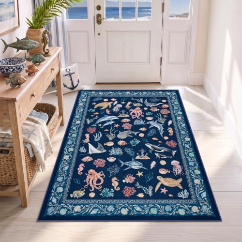 Arenarug Coastal Area Rug 3x5 Washable Ocean Beach Bedroom Rug, Deep Navy by ArenaRug