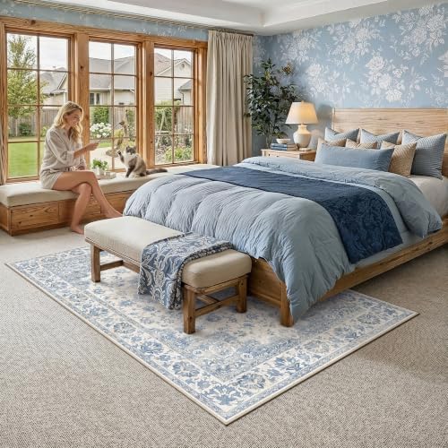 PureCozy Blue Area Rug 5x7 Vintage Oriental Medallion Non-Slip Carpet - Image 2