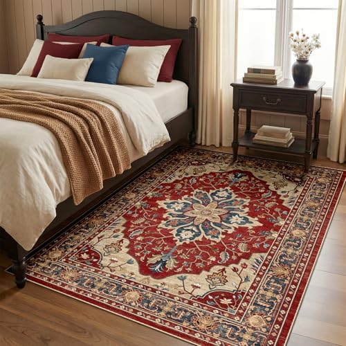 RELEANY Washable Area Rug, 4'x6', Red/Blue - Image 3