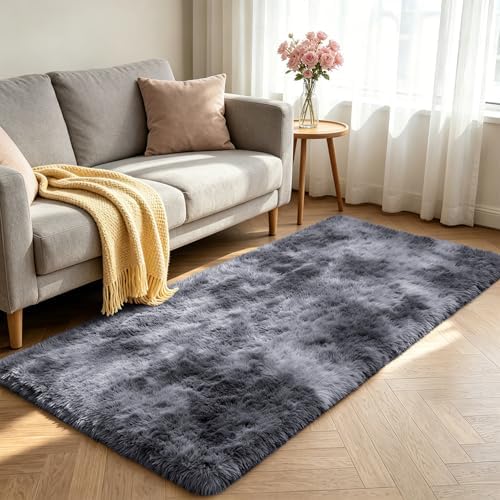 Shag Runner Rug for Bedroom Living Room 3x7 Upgrade Non-Slip Fluffy Soft Bedside Rugs,Shaggy Mottling Black Gray Carpet for Livingroom Dorm Home Decor Aesthetic - Image 2