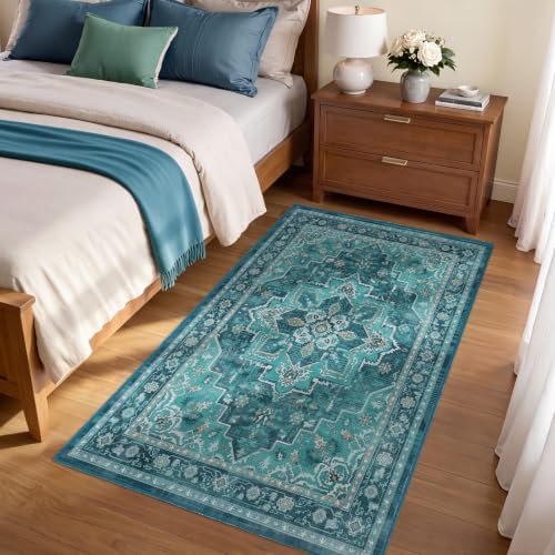 Washable Area Rug 3'x4' Entryway, Vintage Medallion, Boho Teal - Image 3