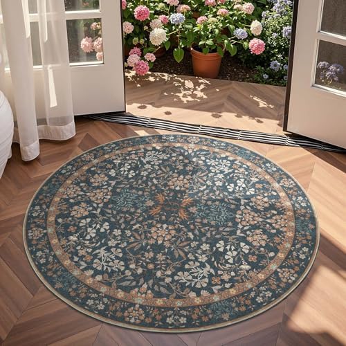 jinchan 4ft Washable Round Area Rug, Soft Floral Non-Slip, Dark Blue by JINCHAN