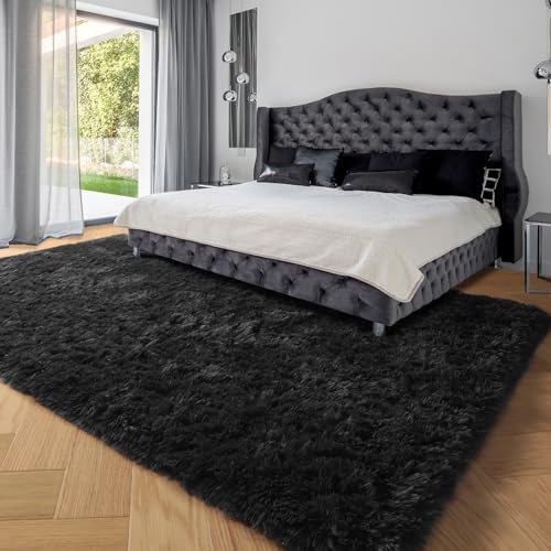 Shaggy Fluffy Bedroom Carpets 6x9 Ft, Black Modern Living Room Area Rugs - Image 5