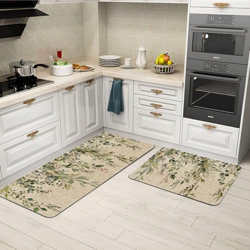 Sage Green Eucalyptus Spring Kitchen Rugs Sets of 2 Non Slip Washable, Botanical Leaves Summer Spring Kitchen Mats for Floor 2 Piece Home Decor - Image 4