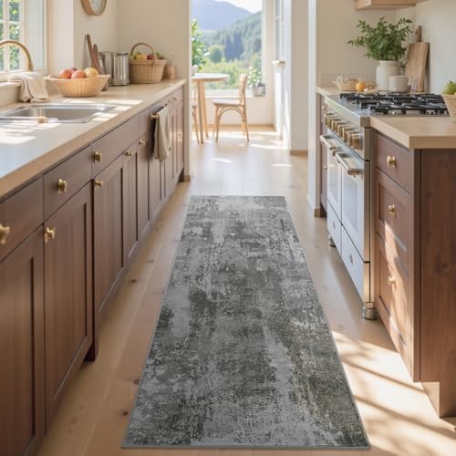 2x6 Ft Abstract Washable Runner Area Rugs for Hallway Dark Grey - Image 3