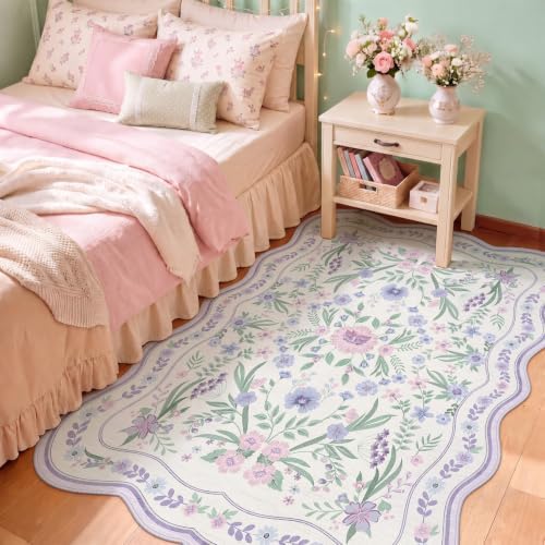Scalloped Floral Rug 3x5, Purple Lavender Washable Rug for Girls Room by Dadasgk