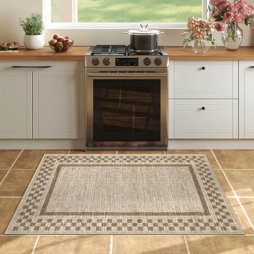 Small Area Rug 2x3 Modern Checkered Entry Rug Solid Color Scalloped Kitchen Rugs Washable Bedroom Doormat Non Slip Stain Resistant Bordered Throw Carpet for Living Room Nursery Laundry, Taupe - Image 2