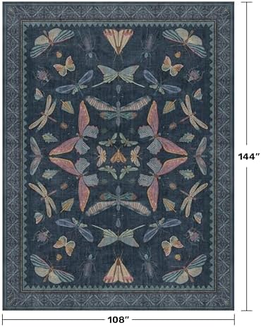 9x12 Washable Farmhouse Area Rug for Living Room, Bedroom & Dining Room Under Table, Dark Blue Boho Insect Design Carpet, Vintage Moth Décor, Soft Low Pile Rug - Image 2
