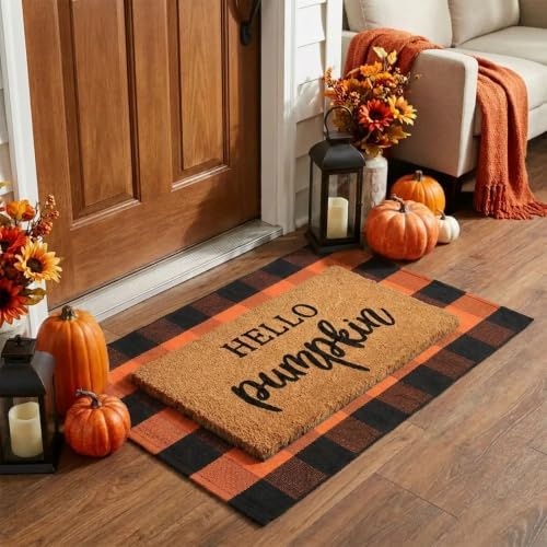 Fall Decor Door Mat Combo Set, 100% Coco Coir Welcome Mat + 28 x 43 Inches Orange and Black Plaid Rug- Fall Thanksgiving Front Porch Entryway Floor Doormat, Indoor Outdoor Autumn Mats Hello Pumpkin - Image 3