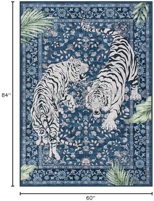 Moynesa Tiger Washable Area Rugs for Living Room, 5x7 Vintage Soft Rug for Bedroom, Non Slip Boho Botanical Ultra Thin Large Stain Resistant Throw Rug for Dining Guest Room, Blue - Image 2