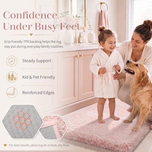 Yimobra Long Bathroom Rug 44x24, Fluffy Non Slip Bath Mat, Light Pink&White - Image 5