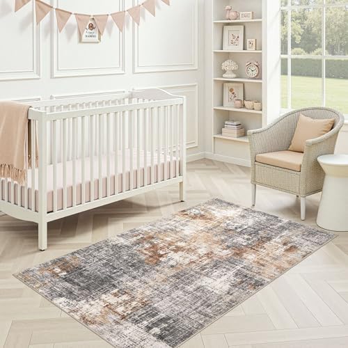 DMOYEST Washable Area Rug: 3x5 ft Abstract Small Rugs for Entryway Kitchen Living Room Bedroom - Non Slip Modern Neutral Carpet Indoor Front Door - Grey Brown - Image 5