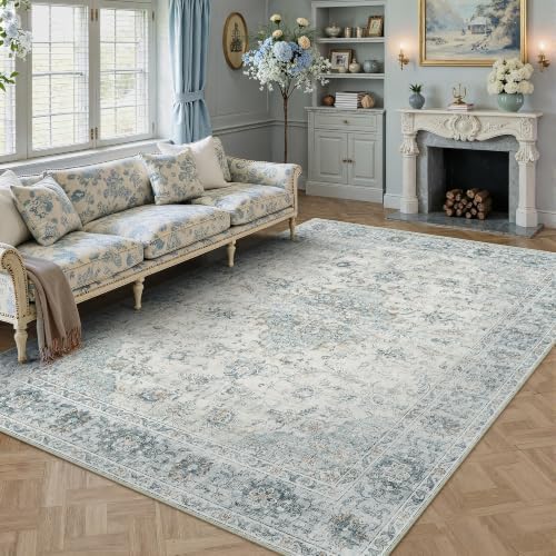 HUGEAR 8x10 Light Blue Retro Floral Washable Area Rug for Living Room - Image 2