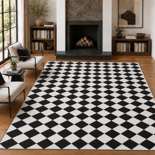 8x10 Checkered Rug for Living Room, soft Low Pile black and white Area Rugs by Unknown