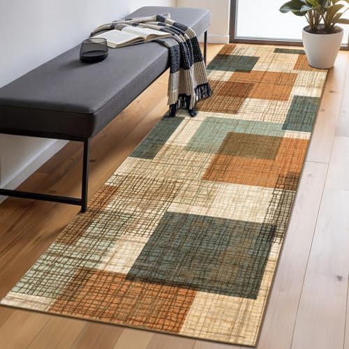 Washable 2x10 Modern Geometric Patchwork Grid Runner Rug Orange/Blue - Image 4