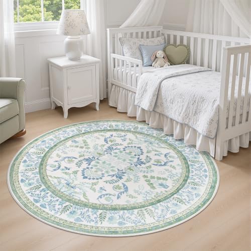 DCX Green and Blue Rug 6x6 Botanical Floral Washable Rugs - Image 3