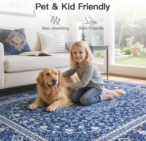 8x10 Area Rugs for Living Room, Washable Non-Slip Rug, Oriental Dark Blue - Image 7