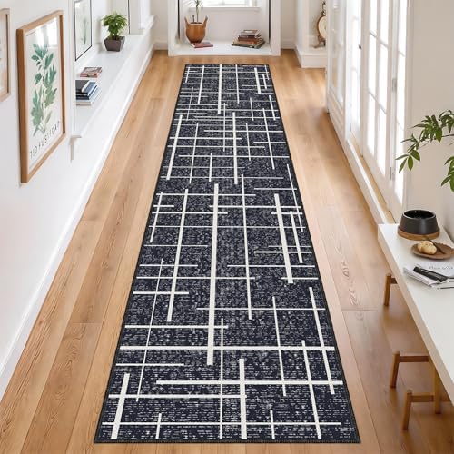 Modern Stripe Hallway Runner Rug Non Slip, Washable 2x10 Runner Rug, Woven Thin Low Pile Carpet Runners for Hallway 10ft Entryway, Kitchen, Walkway -Midnight Black by TTelephant