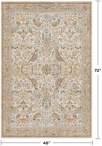 Washable Area Rug 4x6 for Living Room - Boho Western Nature Rugs for Bedroom, Kitchen, Office, Large Entryway, Rustic Botanical Decor, Non-Slip Low Pile Beige Ultra Soft Bird Carpet - Image 2