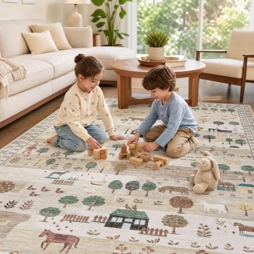 Machine Washable Area Rug 5x7, Soft Whimsical Rug, Vintage Farmhouse Beige - Image 3