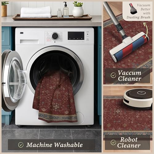 JTJ Burgundy Boho 3 Piece Kitchen Rug Set, Washable Non-Slip Mats - Image 5