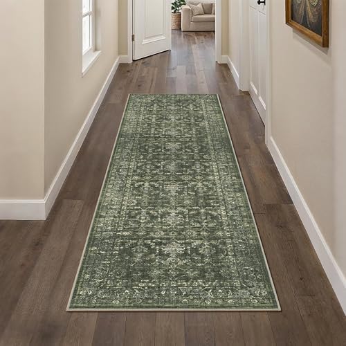 2x7 Washable Kitchen Runner Rug Non-Slip Boho Dark Green Throw Carpet - Image 4
