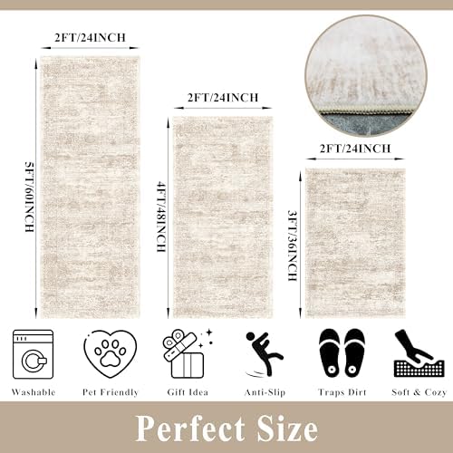Kitchen Rug Sets 3 Piece Washable – Non Slip Modern Boho Small Kitchen Rugs and Runner Set for Sink Entryway Bathroom Hallway – Soft Low Pile Floor Mats (Cream Beige, 2x3+2x4+2x5) - Image 2