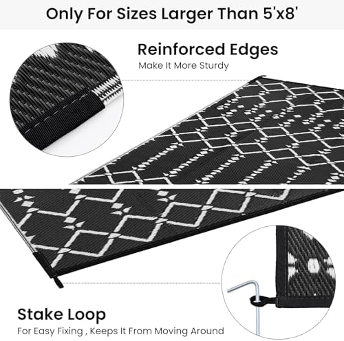 Smiry Outdoor Rug 9x12 ft Waterproof Reversible Boho Mat, Black - Image 4
