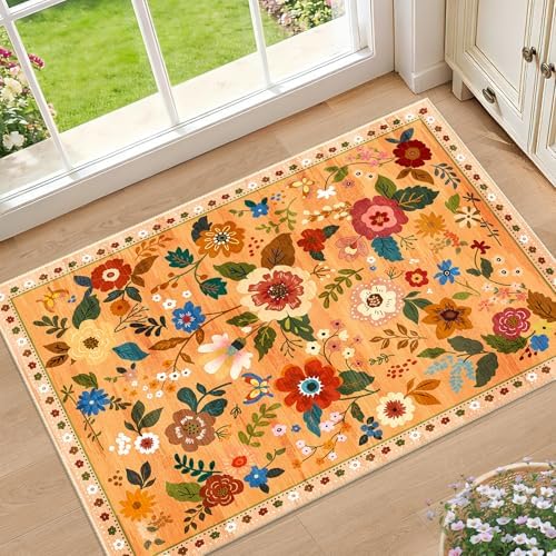 RELEANY Floral Washable 2x3 Area Rugs Doormat Orange/Yellow/Red - Image 2